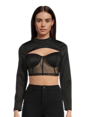 #A76 Love By Design Black Long-Sleeve Mesh Bustier Crop Top